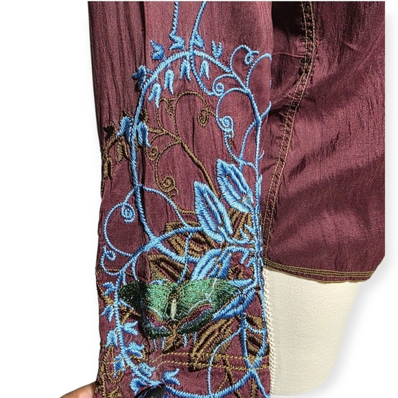 Y2K VINTAGE JOHNNY WAS SILK EMBROIDERED BUTTERFLY BUTTON FLY BLOUSE SZ S - Picture 4 of 10
